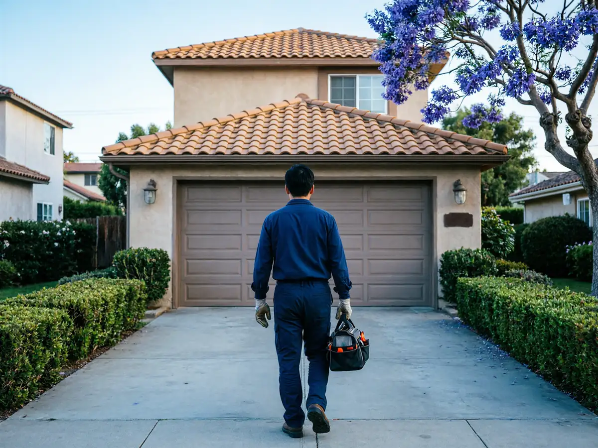 A technician walks toward a house with a brown garage door and a tiled roof.