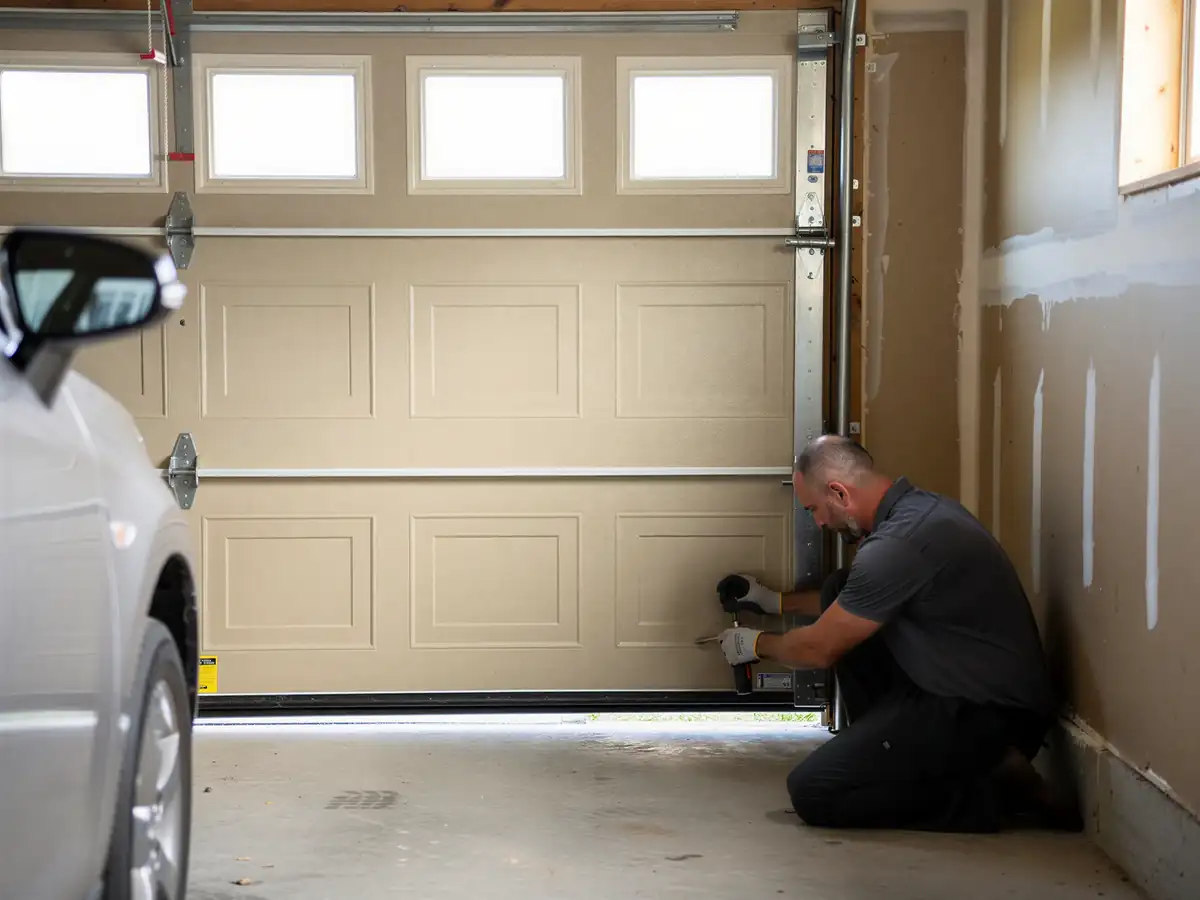 A technician kneels to work on the bottom panel of a beige garage door.