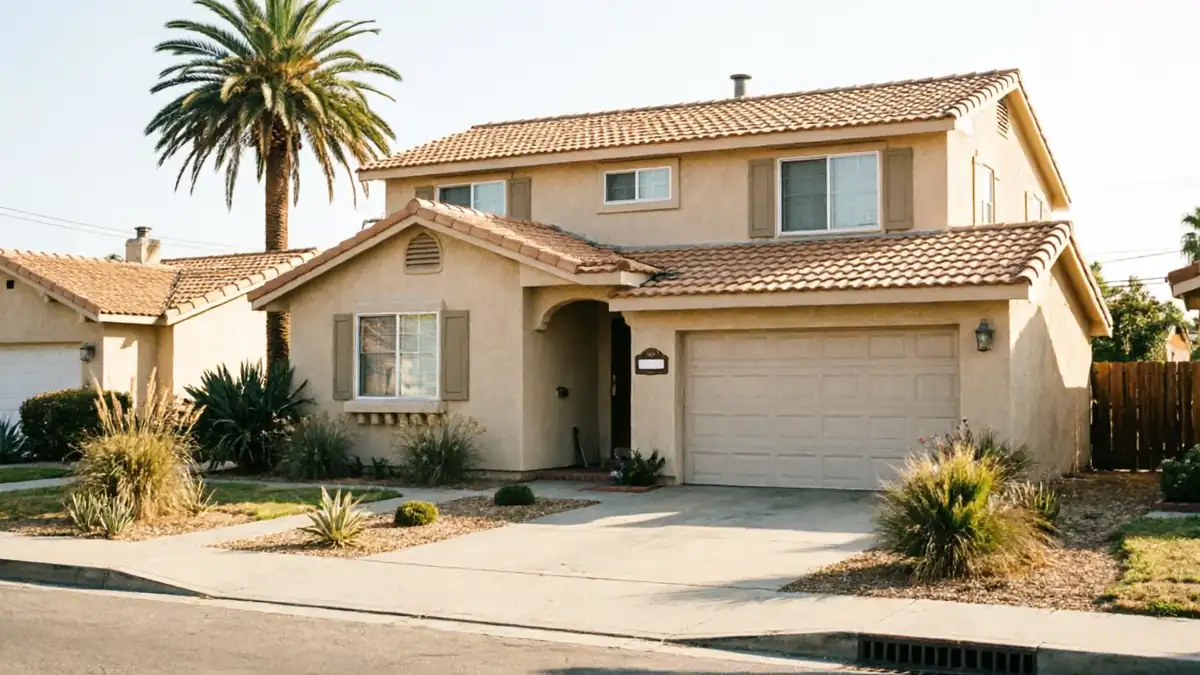 The house has a beige garage door, a tiled roof, and a palm tree in the yard.